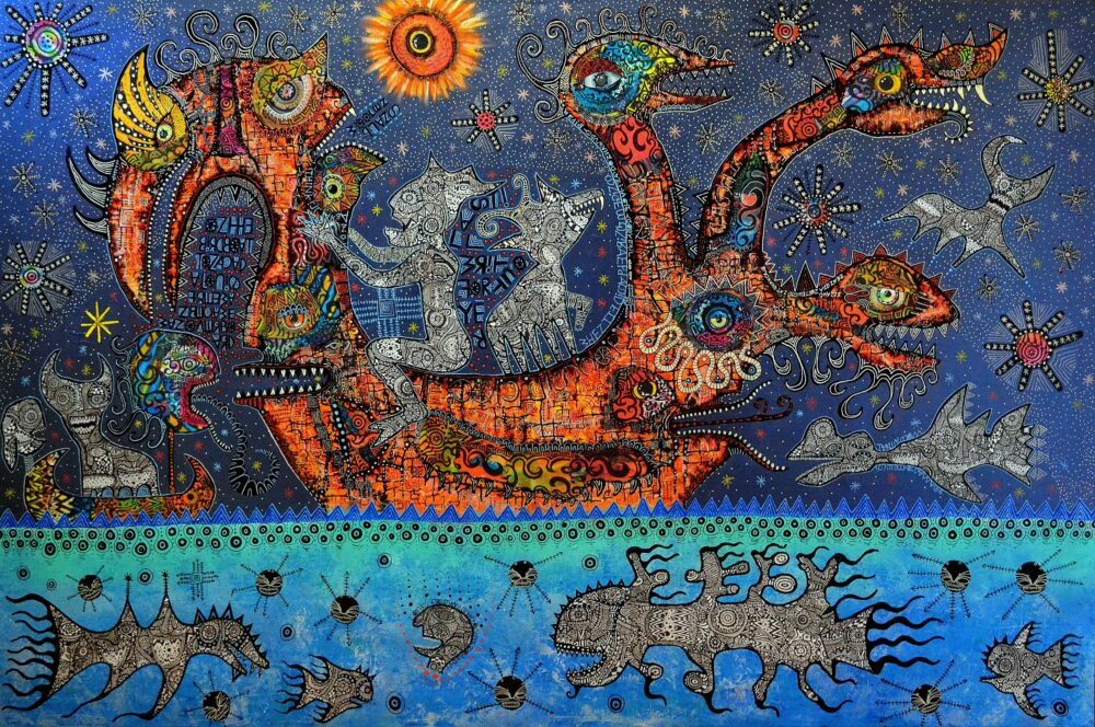 Greg Bromley | on the birdboat to Nacada Louis Freeman lost his head and became man overboard 150x100cm mixed media on canvas}
